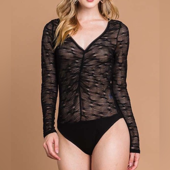 NEW Culture Code Black Semi Sheer Mesh Perspective Long Sleeve Bodysuit - Picture 1 of 4